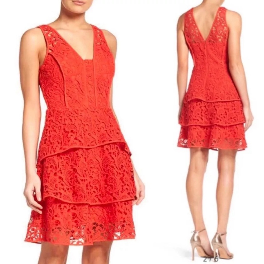 Adelyn Rae‎ Red Lace Tiered Sleeveless Dress.